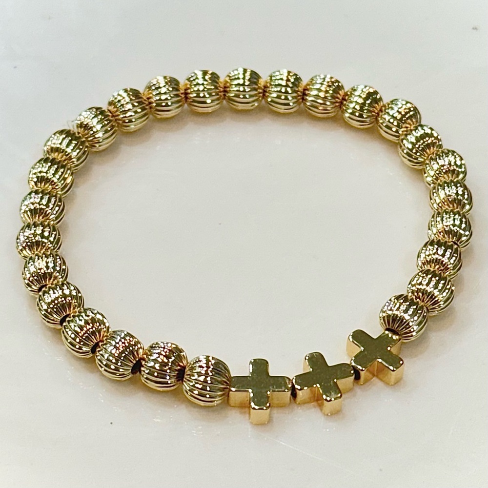 Lux Infinity Cross 6mm Gold Etched Bead Bracelet